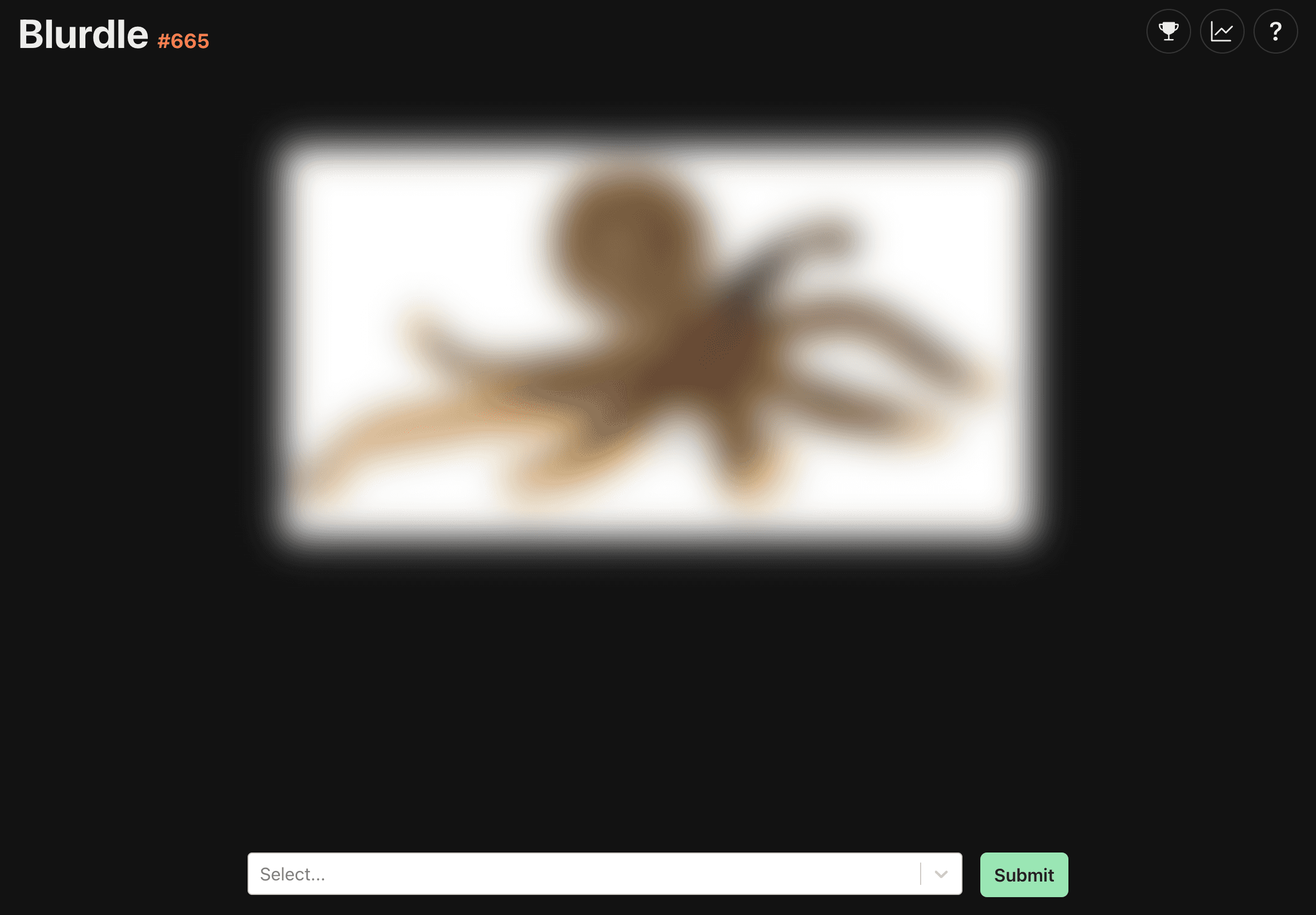 Screenshot of the blurdle.adammyoung.com site, with a blurred out picture in the middle of the screen.